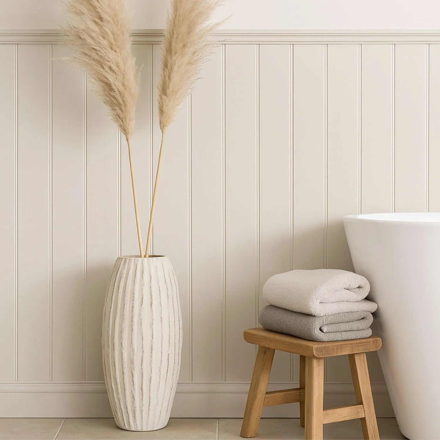 Large Neutral Grey & White-Washed Textured Ceramic Vase with Carved Vertical Detailing – Tall Decorative Floor Standing Vase 49x27x27cm | Click Style