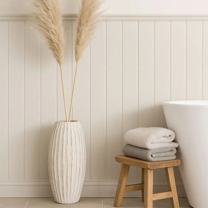 Large Neutral Grey & White-Washed Textured Ceramic Vase with Carved Vertical Detailing – Tall Decorative Floor Standing Vase 49x27x27cm | Click Style