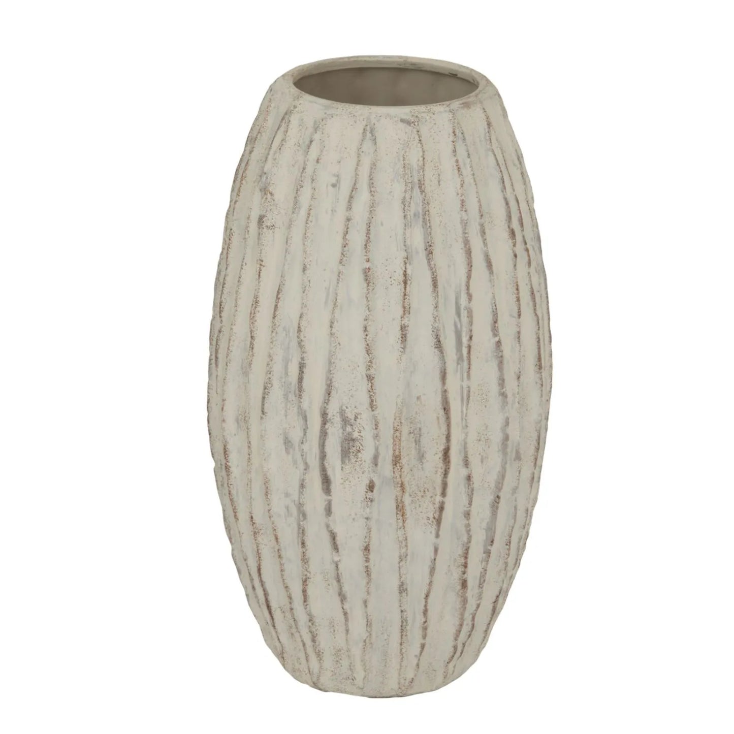Large Neutral Grey & White-Washed Textured Ceramic Vase with Carved Vertical Detailing – Tall Decorative Floor Standing Vase 49x27x27cm | Click Style