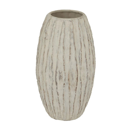 Large Neutral Grey & White-Washed Textured Ceramic Vase with Carved Vertical Detailing – Tall Decorative Floor Standing Vase 49x27x27cm | Click Style