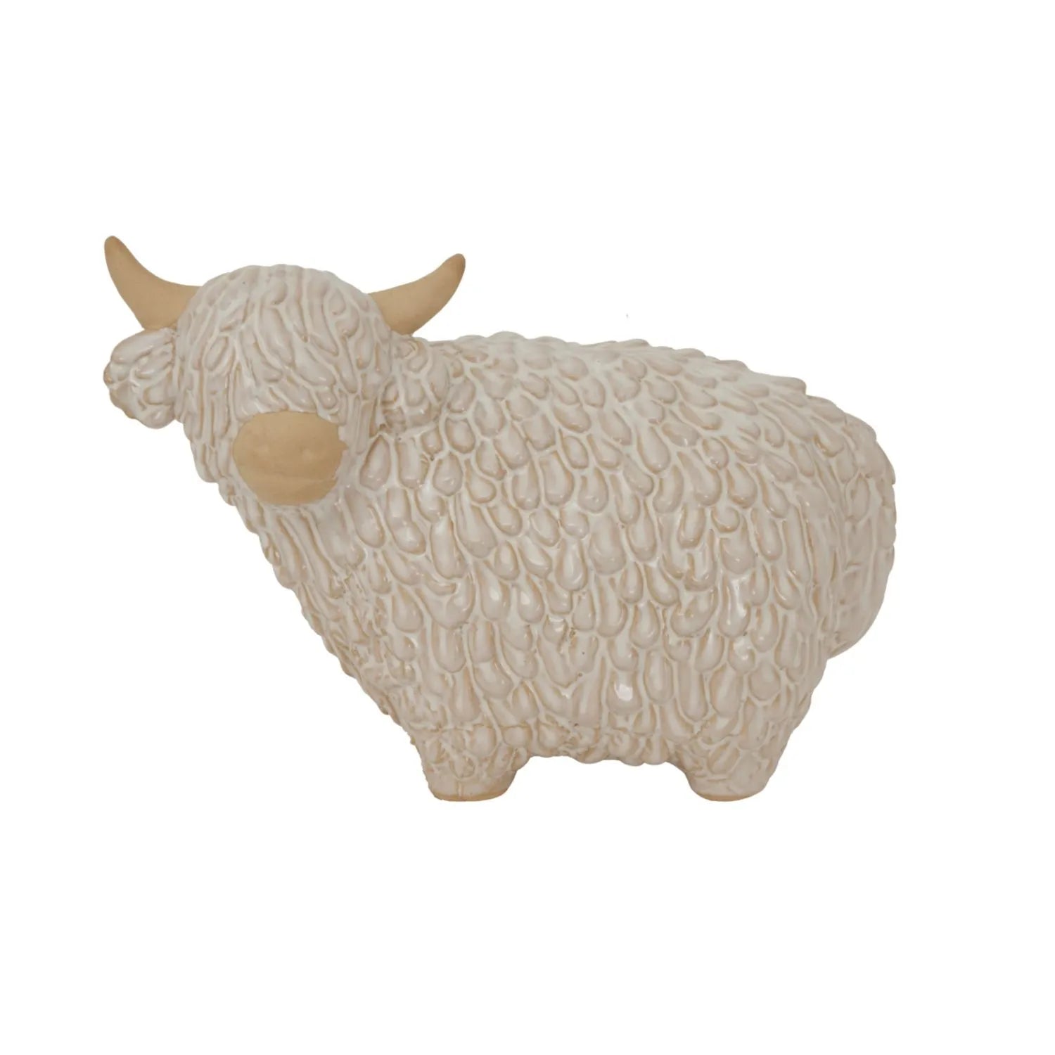Large Neutral White Ceramic Highland Cow Ornament with Textured Shaggy Coat & Horns – Rustic Farmhouse Decorative Sculpture 17x24x12cm | Click Style