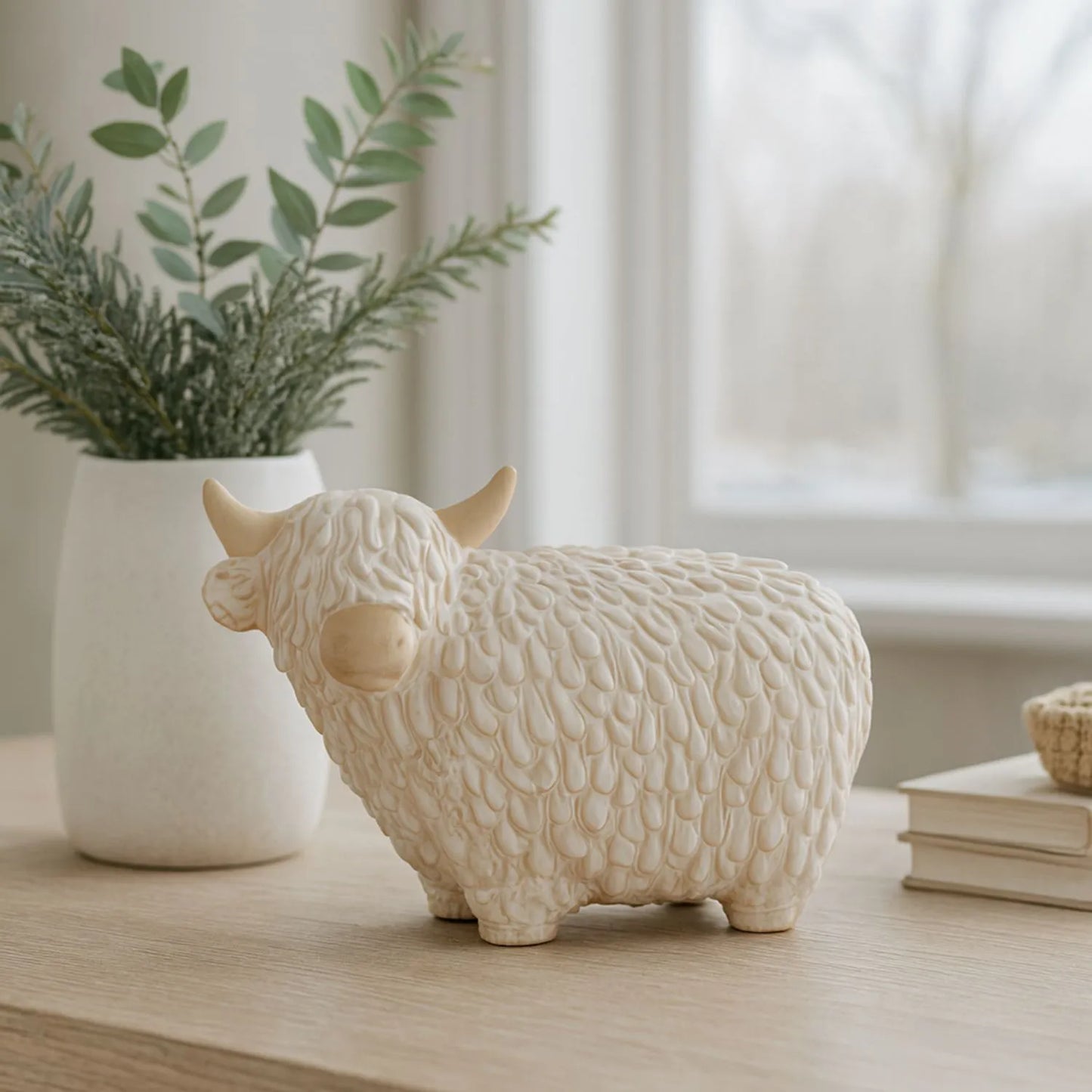 Large Neutral White Ceramic Highland Cow Ornament with Textured Shaggy Coat & Horns – Rustic Farmhouse Decorative Sculpture 17x24x12cm | Click Style
