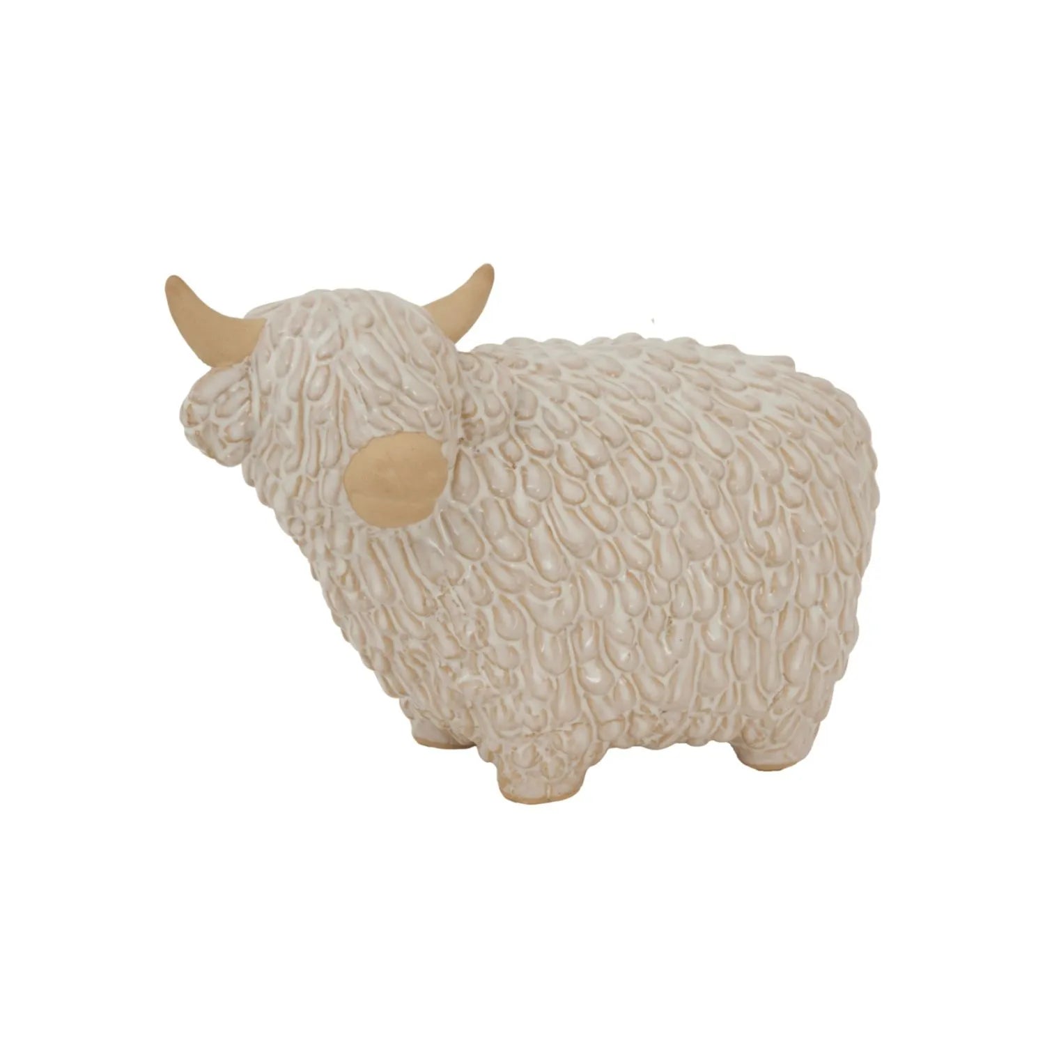 Large Neutral White Ceramic Highland Cow Ornament with Textured Shaggy Coat & Horns – Rustic Farmhouse Decorative Sculpture 17x24x12cm | Click Style