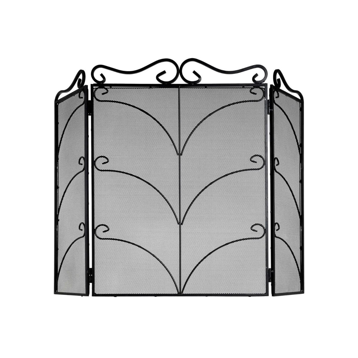 Large Ornate Black Metal Firescreen with Scrollwork – Decorative Fire Guard with three-panel mesh design 75x85x2cm | Click Style
