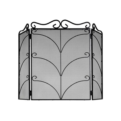 Large Ornate Black Metal Firescreen with Scrollwork – Decorative Fire Guard with three-panel mesh design 75x85x2cm | Click Style
