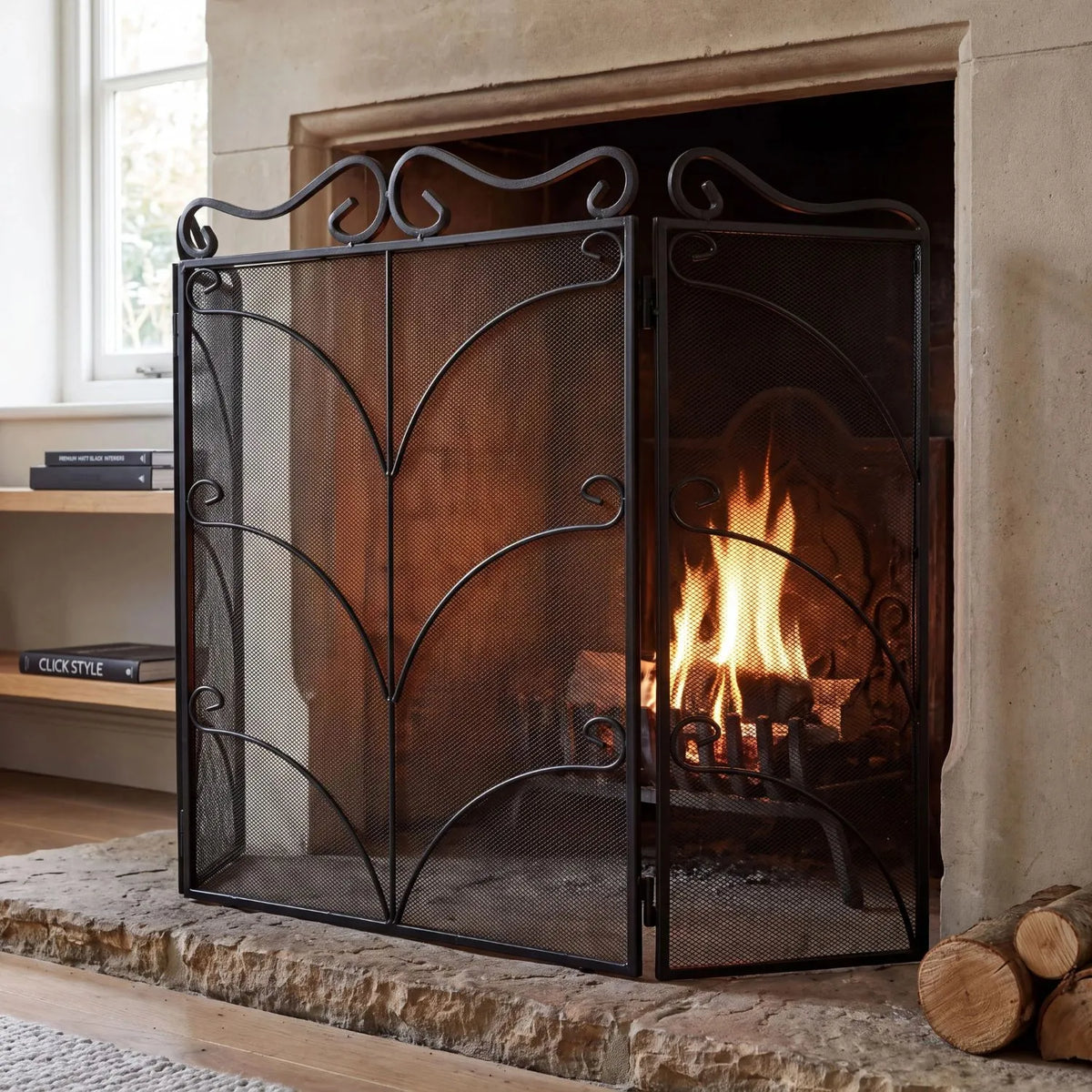 Large Ornate Black Metal Firescreen with Scrollwork – Decorative Fire Guard 75x85x2cm close view showing three-panel mesh design