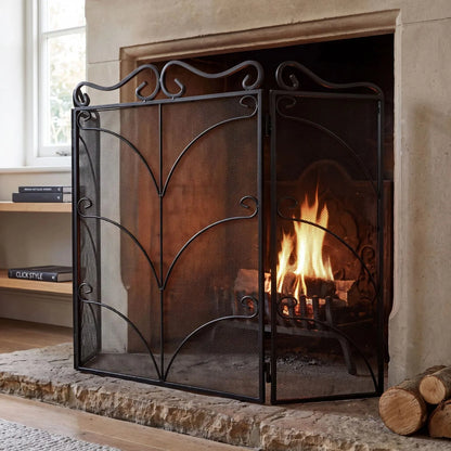 Large Ornate Black Metal Firescreen with Scrollwork – Decorative Fire Guard 75x85x2cm close view showing three-panel mesh design