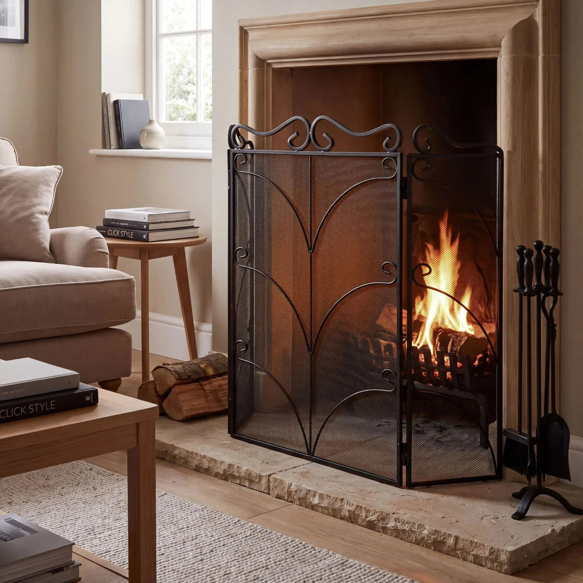Large Ornate Black Metal Firescreen with Scrollwork – Decorative Fire Guard 75x85x2cm styled in a neutral living room with fireplace