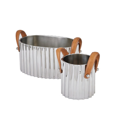 Large Ribbed Silver Champagne Cooler with Leather Handles 37x22cm Fluted Silver Wine Cooler - Click Style