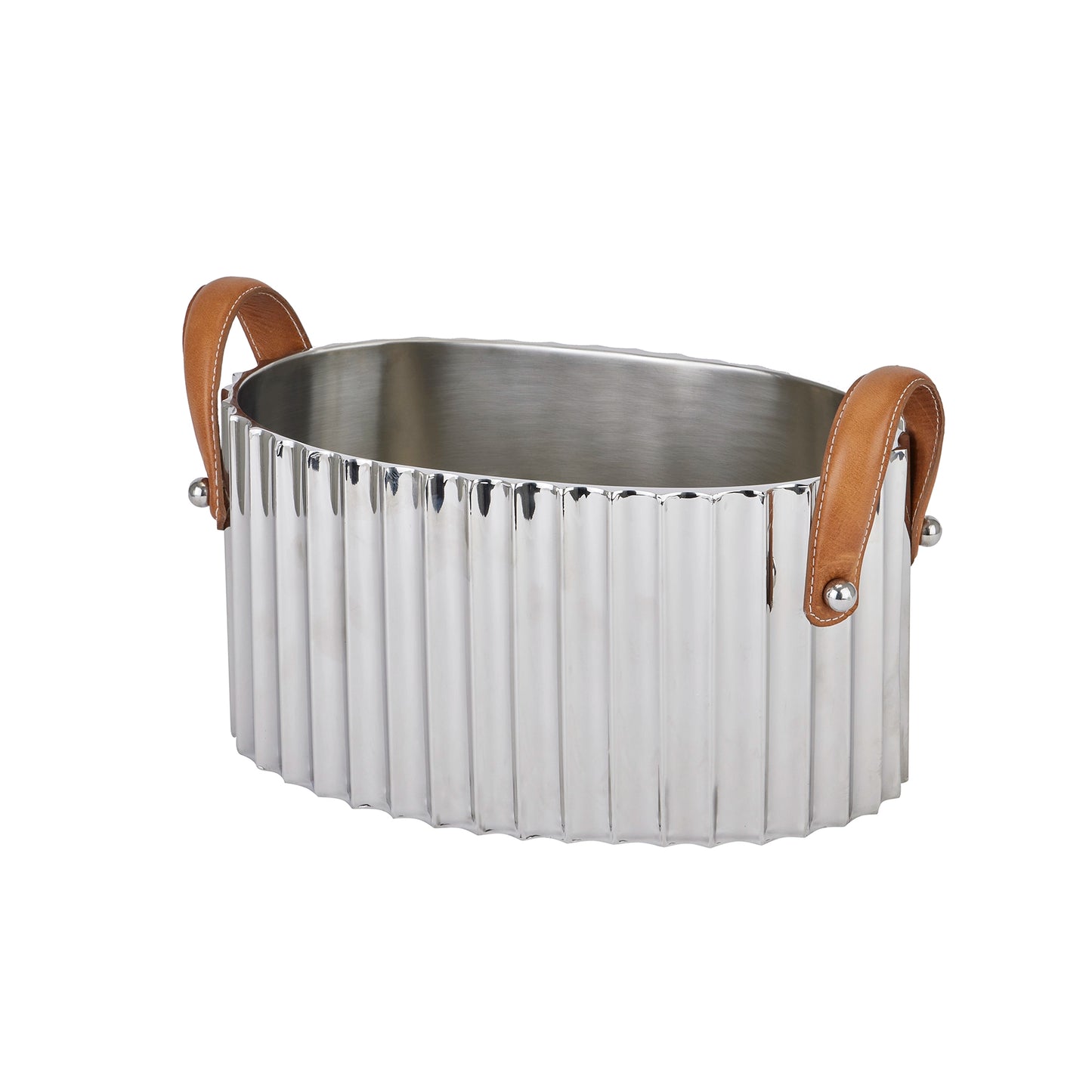 Large Ribbed Silver Champagne Cooler with Leather Handles 37x22cm Fluted Silver Wine Cooler - Click Style