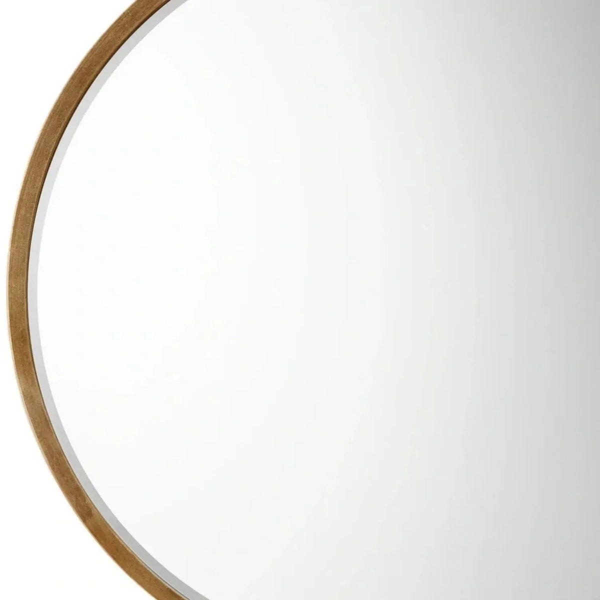 Large Round Antique Gold Wall Mirror with Slim Metal Frame & Bevelled Glass – Decorative Circular Mirror 80x2cm – Close-up of left curved antique gold frame and bevelled mirror edge | Click Style