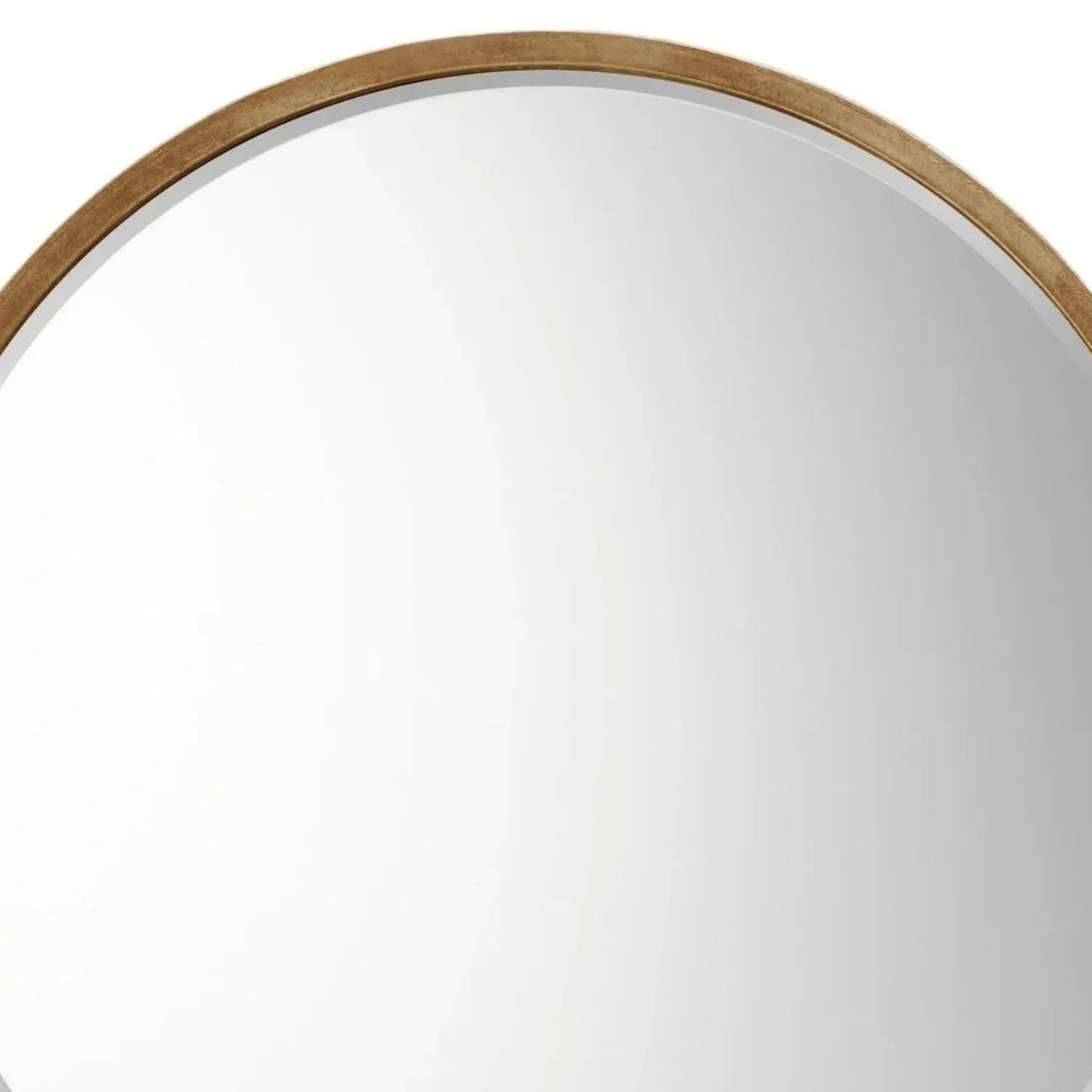 Large Round Antique Gold Wall Mirror with Slim Metal Frame & Bevelled Glass – Decorative Circular Mirror 80x2cm – Close-up of upper antique gold metal frame and bevelled glass edge | Click Style