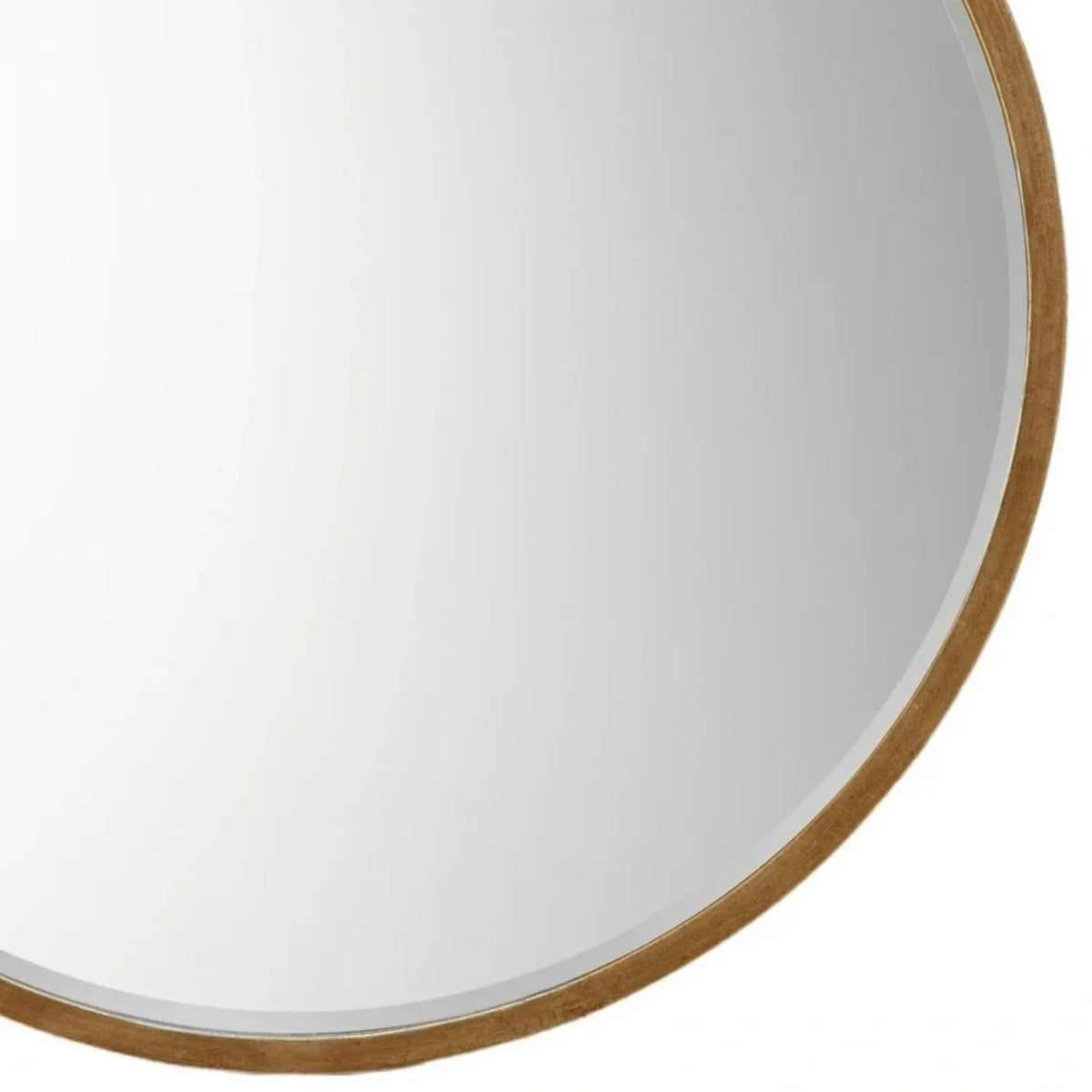 Large Round Antique Gold Wall Mirror with Slim Metal Frame & Bevelled Glass – Decorative Circular Mirror 80x2cm – Close-up of right curved antique gold frame showing the slim metal edging and bevelled glass | Click Style