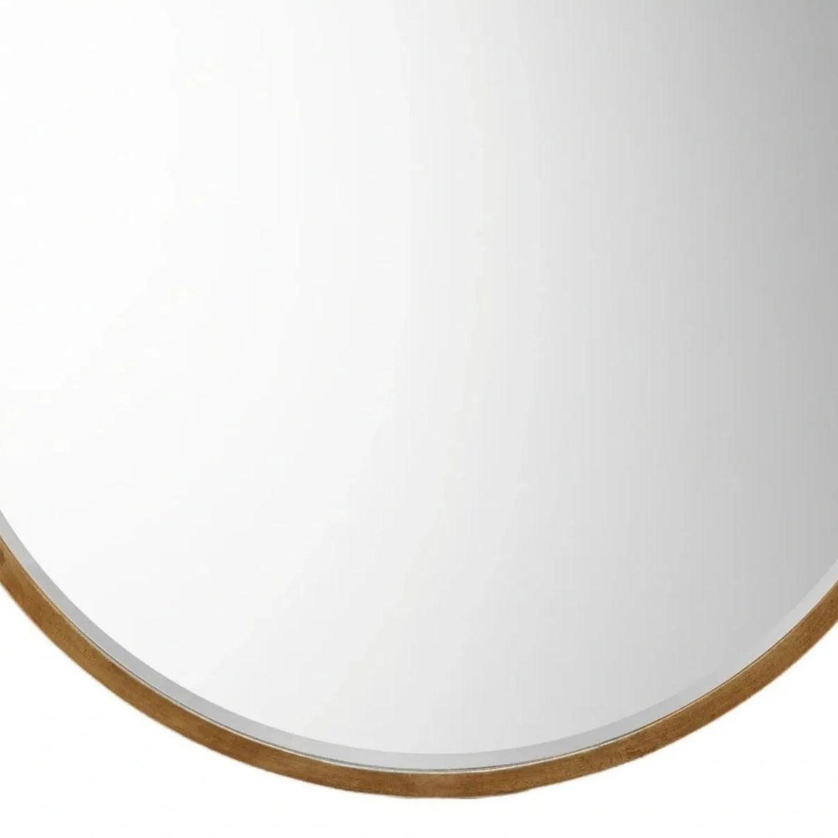 Large Round Antique Gold Wall Mirror with Slim Metal Frame & Bevelled Glass – Decorative Circular Mirror 80x2cm – Detailed view of lower antique gold metal frame and bevelled glass | Click Style