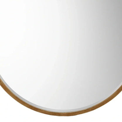Large Round Antique Gold Wall Mirror with Slim Metal Frame & Bevelled Glass – Decorative Circular Mirror 80x2cm – Detailed view of lower antique gold metal frame and bevelled glass | Click Style