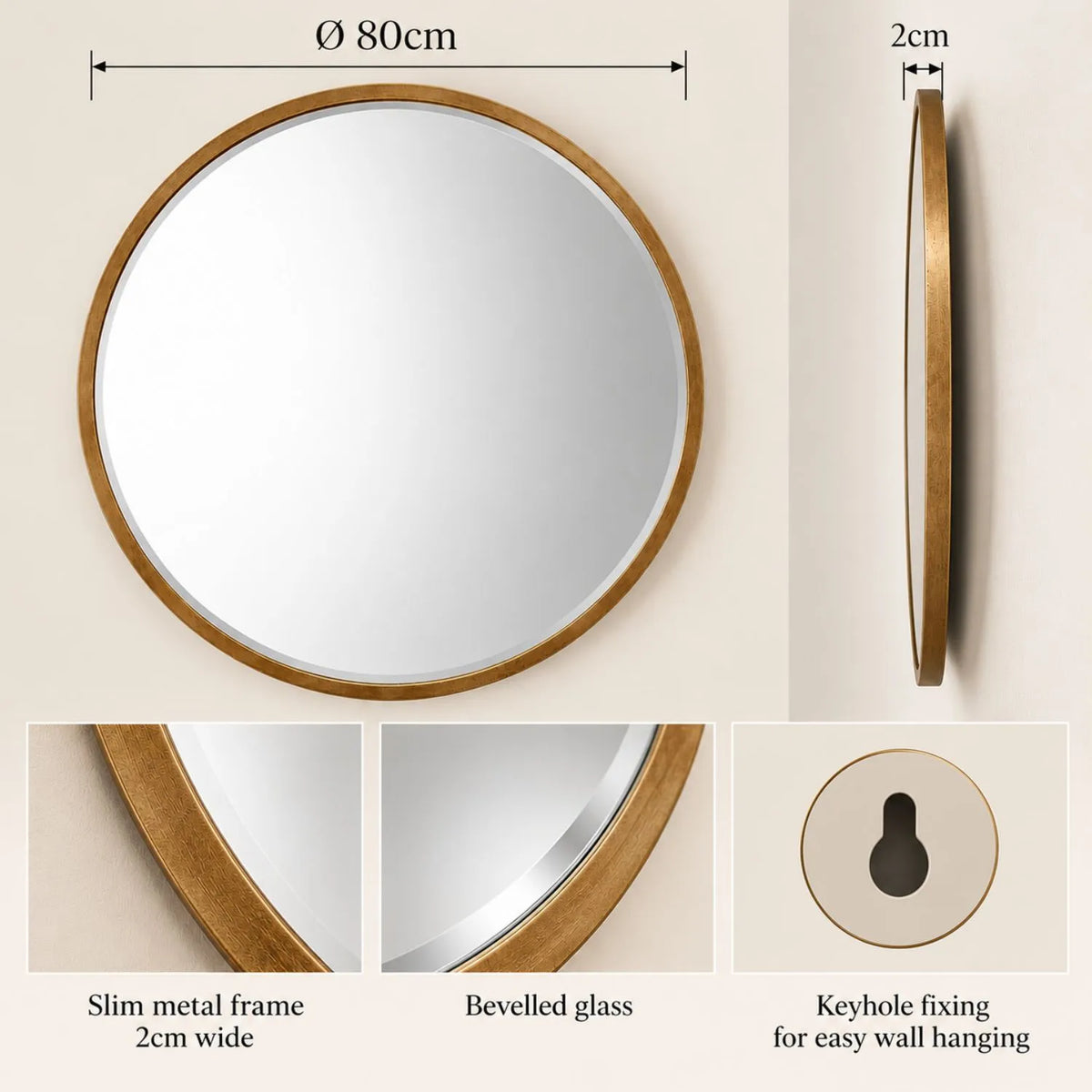 Large Round Antique Gold Wall Mirror with Slim Metal Frame & Bevelled Glass – Decorative Circular Mirror 80x2cm – Dimensions diagram showing 80cm diameter, 2cm depth, 2cm frame width, bevelled glass and keyhole wall fixing | Click Style