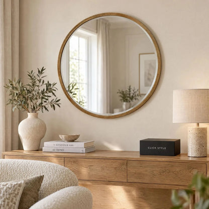Large Round Antique Gold Wall Mirror with Slim Metal Frame & Bevelled Glass – Decorative Circular Mirror 80x2cm displayed above a natural oak sideboard in a contemporary living room with cream furnishings and CLICK STYLE branding | Click Style