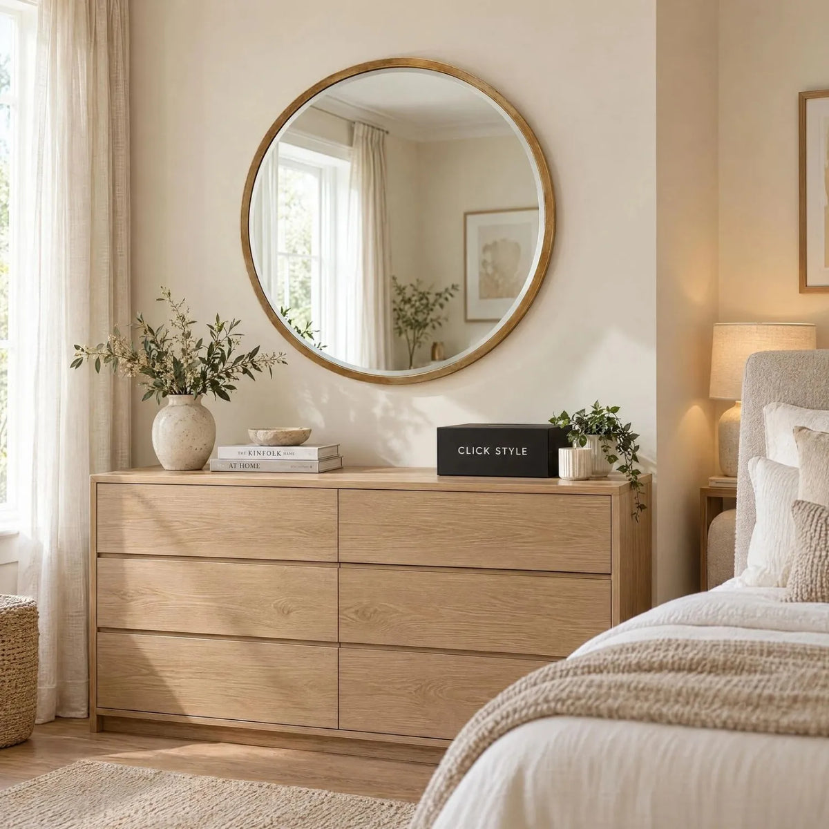 Large Round Antique Gold Wall Mirror with Slim Metal Frame & Bevelled Glass – Decorative Circular Mirror 80x2cm displayed above a pale oak chest of drawers in a neutral bedroom with cream bedding and CLICK STYLE branding | Click Style