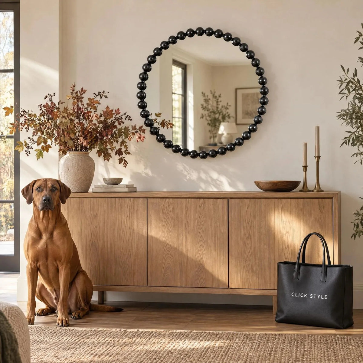 Large Round Black Bobbin Wall Mirror with Raised Bobbin Frame – 80cm Decorative Statement Mirror 80x80x5cm – Living Room Styling with Rhodesian Ridgeback & Click Style Tote | Click Style
