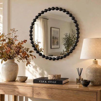 Large Round Black Bobbin Wall Mirror with Raised Bobbin Frame – 80cm Decorative Statement Mirror 80x80x5cm – Styled Above Natural Oak Console Table | Click Style