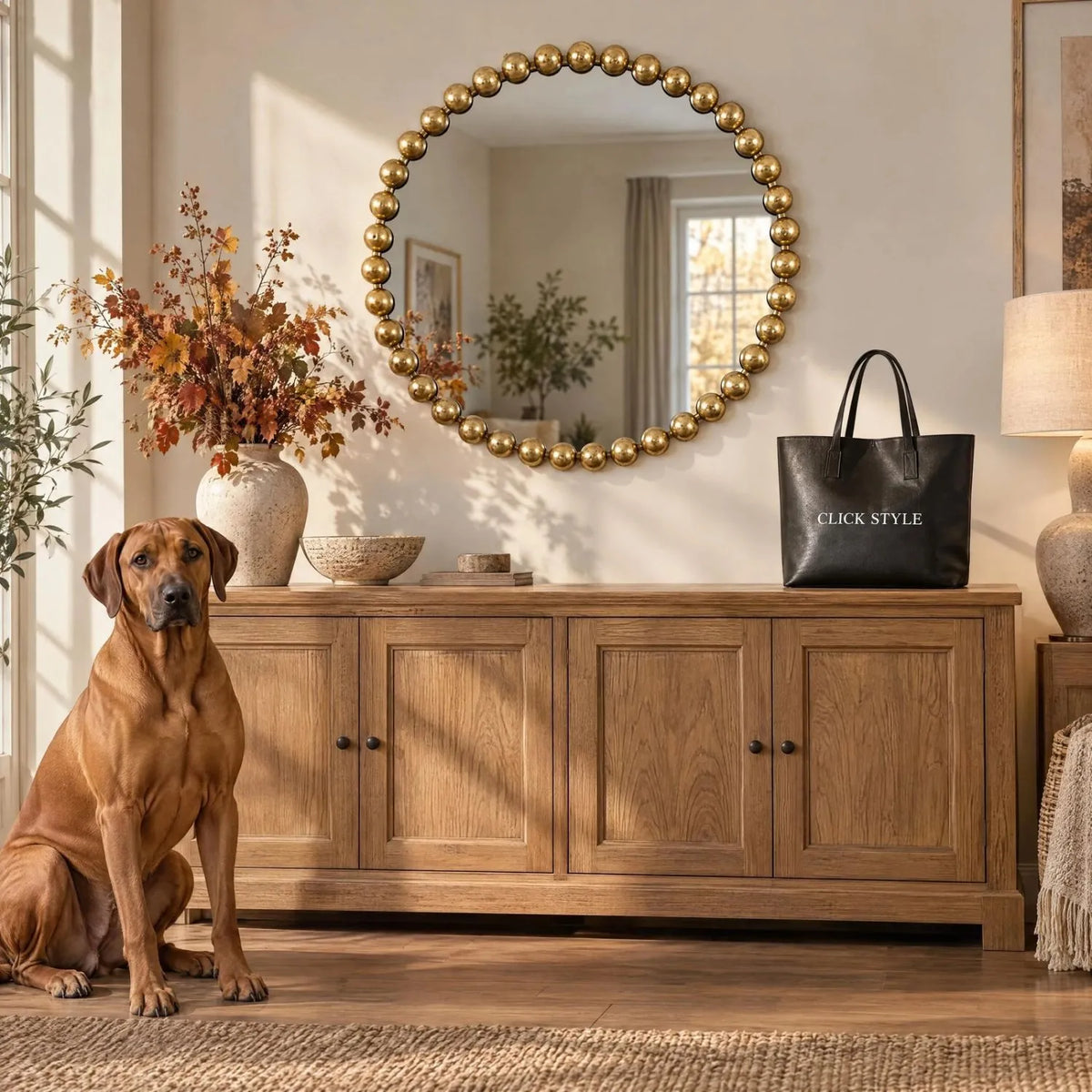 Large Round Gold Bobbin Wall Mirror with Raised Bobbin Frame – 80cm Decorative Statement Mirror 80x80x5cm – Styled Above Oak Sideboard with Rhodesian Ridgeback | Click Style