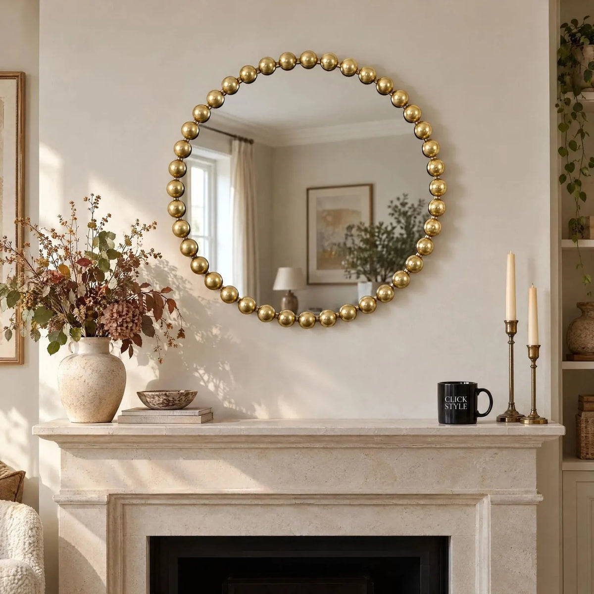 Large Round Gold Bobbin Wall Mirror with Raised Bobbin Frame – 80cm Decorative Statement Mirror 80x80x5cm – Styled Above Fireplace and Mantelpiece | Click Style