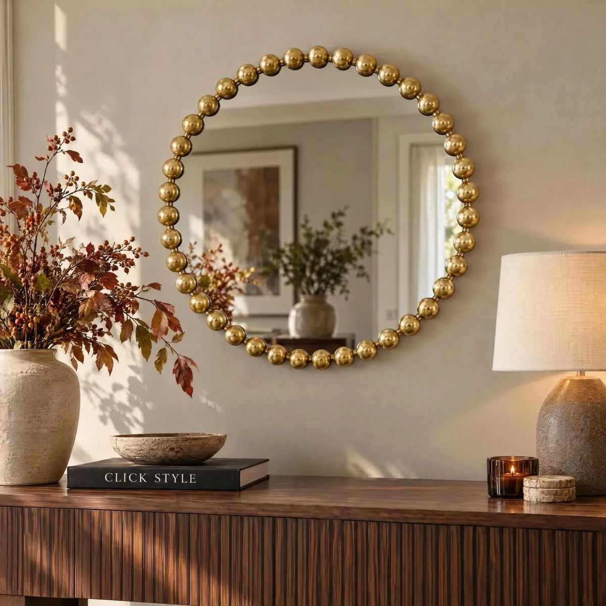 Large Round Gold Bobbin Wall Mirror with Raised Bobbin Frame – 80cm Decorative Statement Mirror 80x80x5cm – Styled Above Walnut Console Table with Autumn Foliage | Click Style