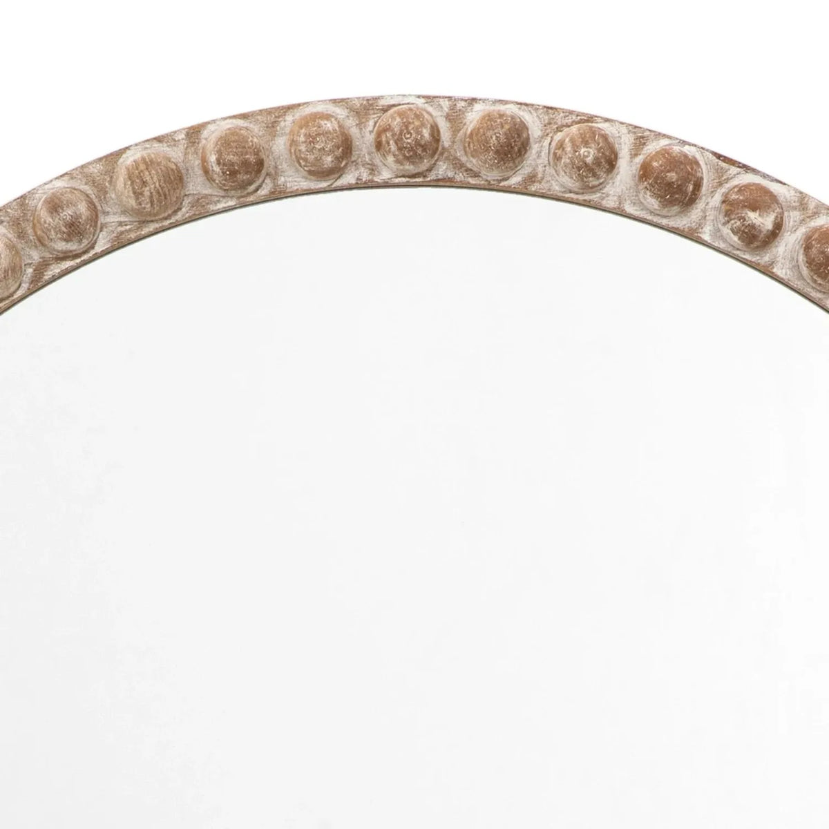 Large Round Whitewashed Wood Effect Bobbin Wall Mirror with Raised Bobbin Frame – Rustic Decorative Mirror 95x95x5cm – Raised Bobbin Frame Close-Up | Click Style