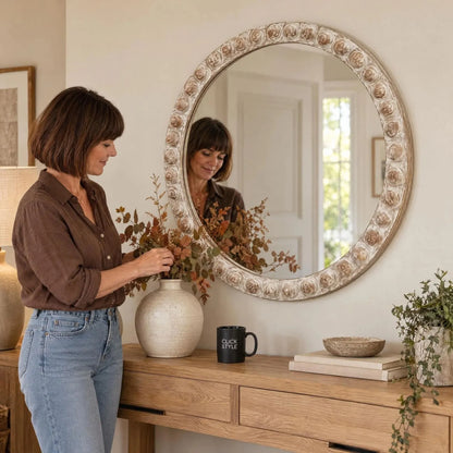 Large Round Whitewashed Wood Effect Bobbin Wall Mirror with Raised Bobbin Frame – Rustic Decorative Mirror 95x95x5cm – Woman Styling Natural Oak Console Table | Click Style