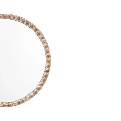 Large Round Whitewashed Wood Effect Bobbin Wall Mirror with Raised Bobbin Frame – Rustic Decorative Mirror 95x95x5cm – Full Frame Detail View | Click Style