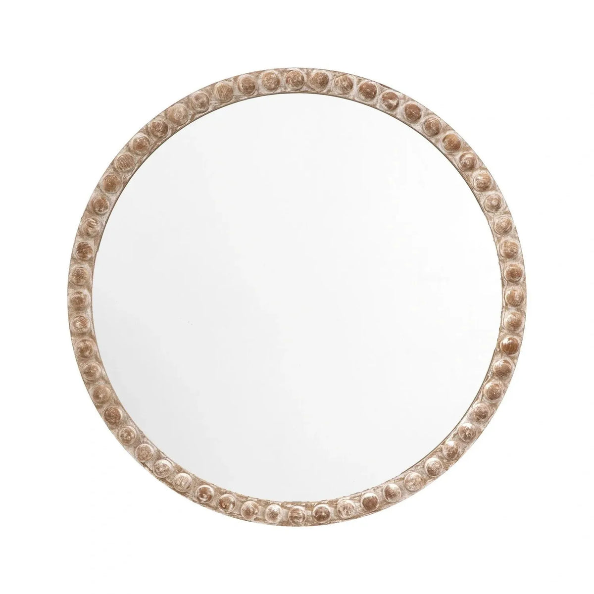Large Round Whitewashed Wood Effect Bobbin Wall Mirror with Raised Bobbin Frame – Rustic Decorative Mirror 95x95x5cm – Full Front View | Click Style
