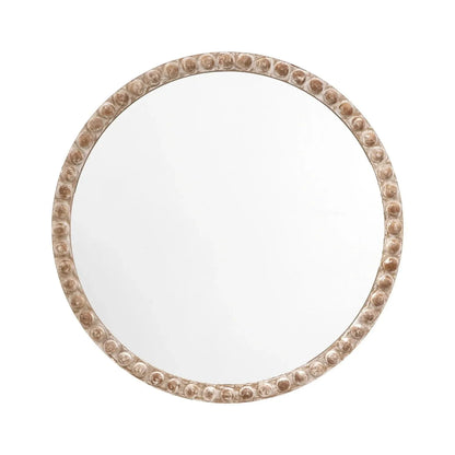 Large Round Whitewashed Wood Effect Bobbin Wall Mirror with Raised Bobbin Frame – Rustic Decorative Mirror 95x95x5cm – Full Front View | Click Style
