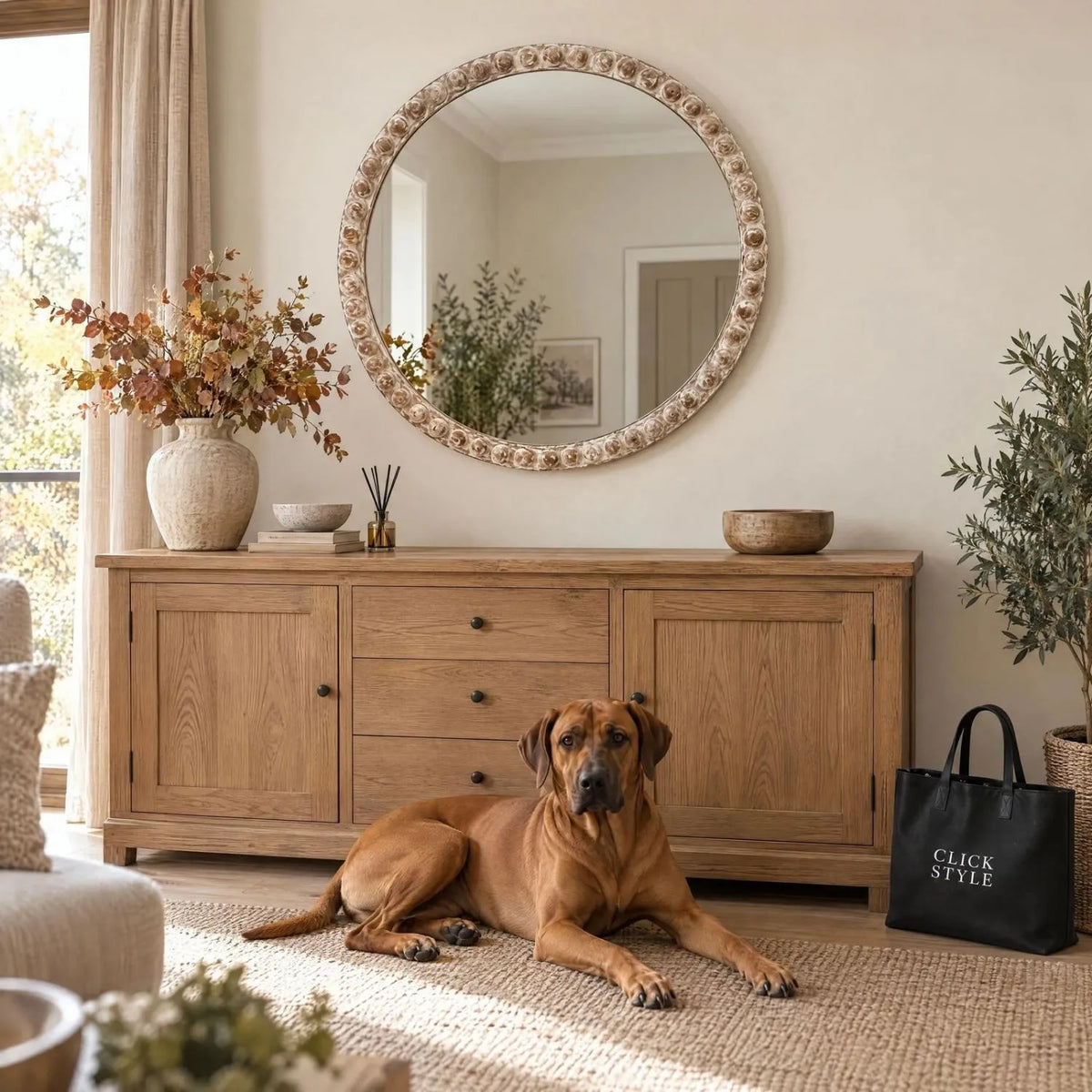 Large Round Whitewashed Wood Effect Bobbin Wall Mirror with Raised Bobbin Frame – Rustic Decorative Mirror 95x95x5cm – Living Room Styling with Rhodesian Ridgeback | Click Style