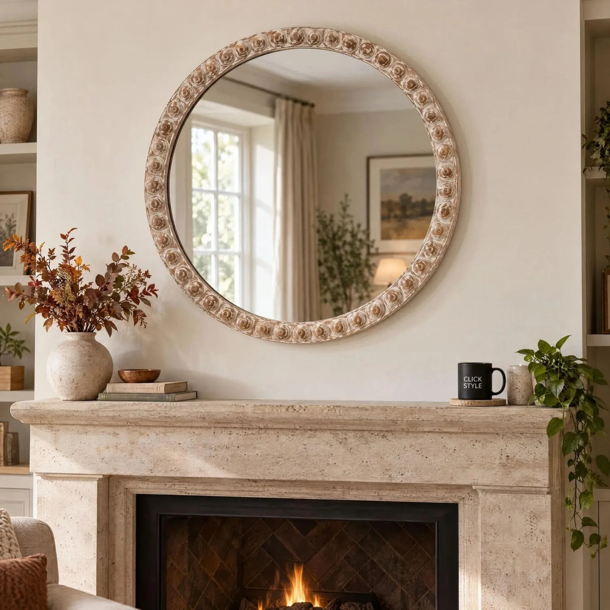 Large Round Whitewashed Wood Effect Bobbin Wall Mirror with Raised Bobbin Frame – Rustic Decorative Mirror 95x95x5cm – Styled Above Stone Fireplace & Mantelpiece | Click Style