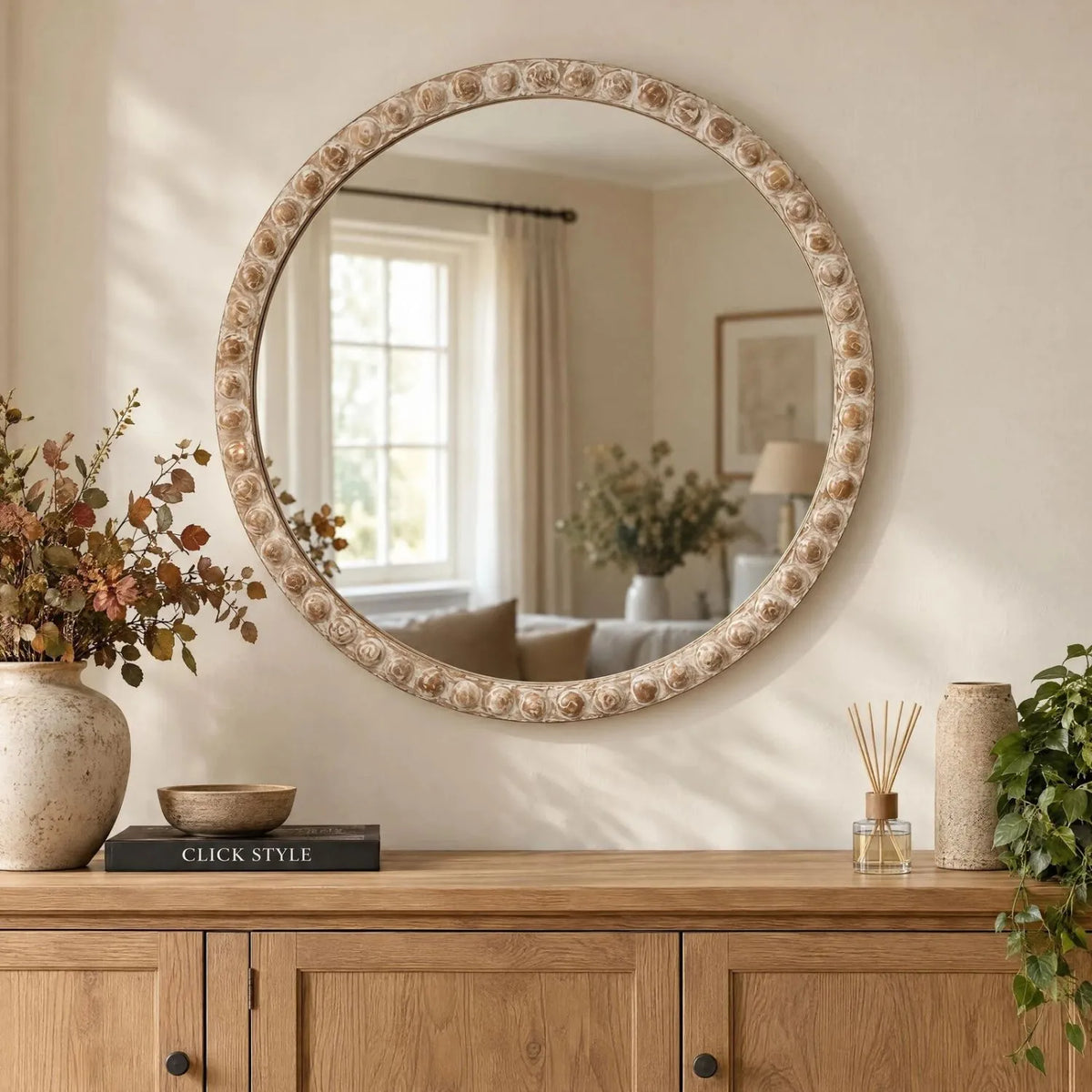 Large Round Whitewashed Wood Effect Bobbin Wall Mirror with Raised Bobbin Frame – Rustic Decorative Mirror 95x95x5cm – Styled Above Natural Oak Sideboard | Click Style