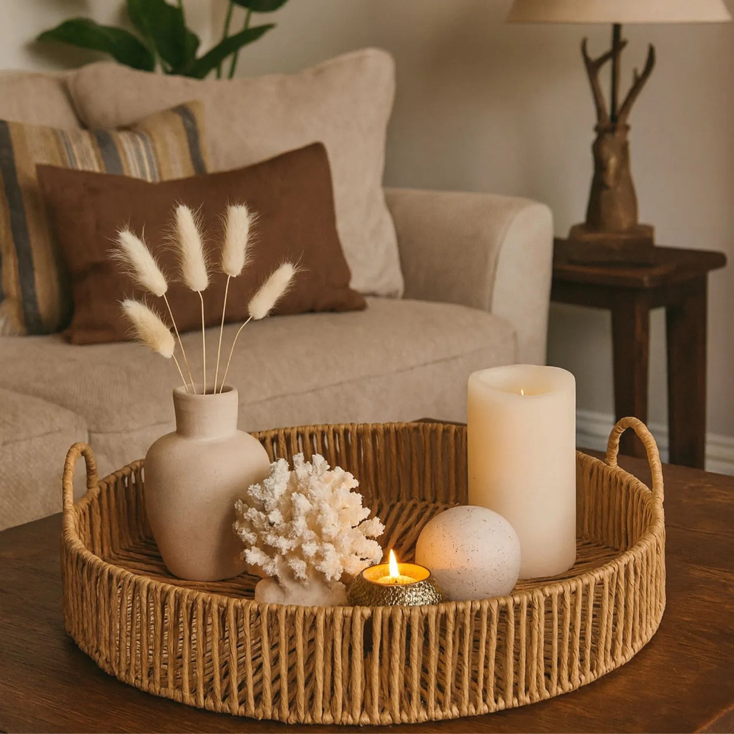 Large Round Wicker Serving Tray with Woven Design & Side Loop Handles – Rustic Natural Decorative Tray 50x50x16cm | Click Style