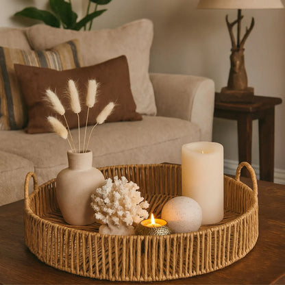 Large Round Wicker Serving Tray with Woven Design & Side Loop Handles – Rustic Natural Decorative Tray 50x50x16cm | Click Style