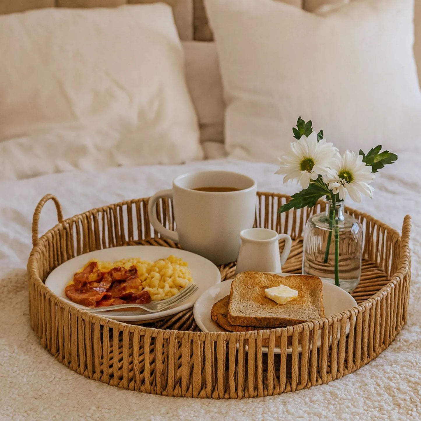Large Round Wicker Serving Tray with Woven Design & Side Loop Handles – Rustic Natural Decorative Tray 50x50x16cm | Click Style