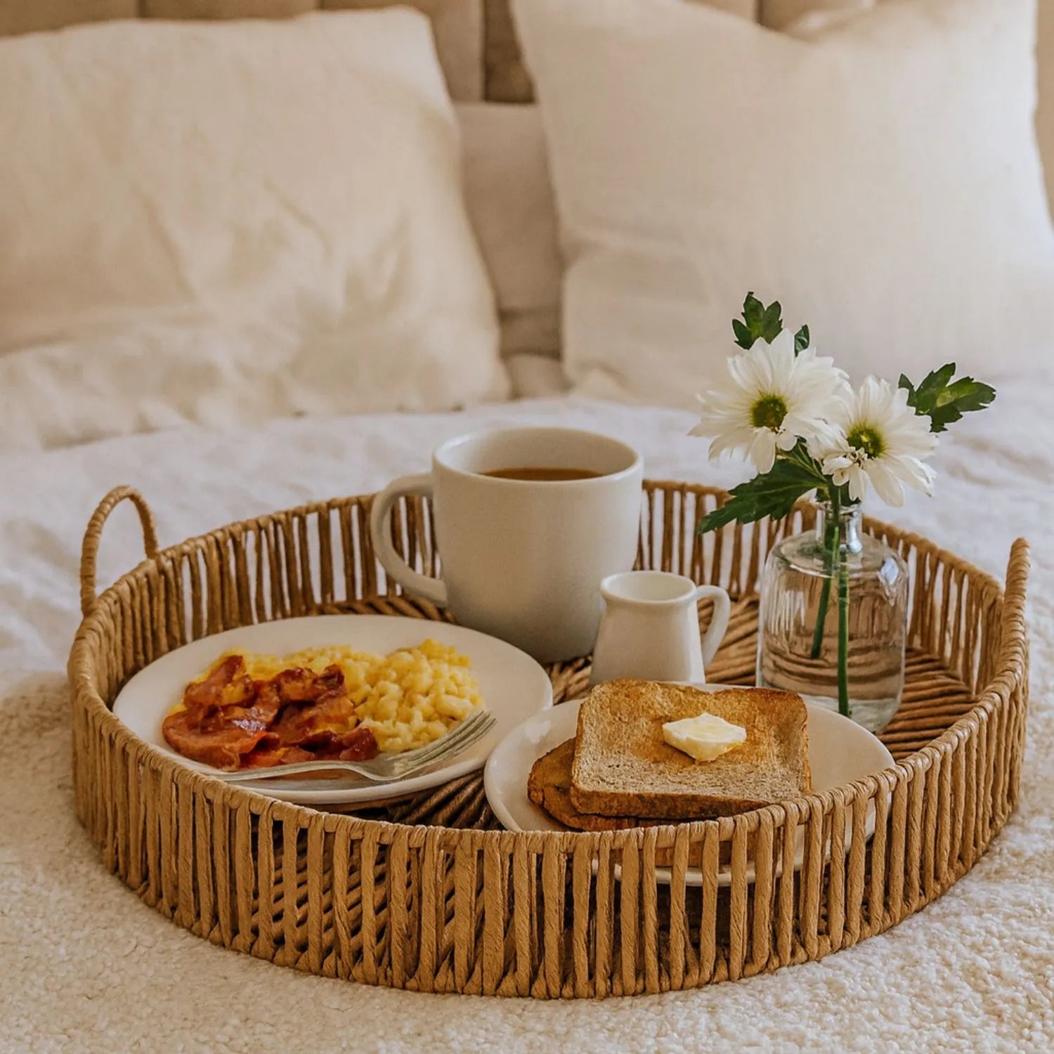 Large Round Wicker Serving Tray with Woven Design & Side Loop Handles – Rustic Natural Decorative Tray 50x50x16cm | Click Style
