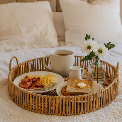 Large Round Wicker Serving Tray with Woven Design & Side Loop Handles – Rustic Natural Decorative Tray 50x50x16cm | Click Style