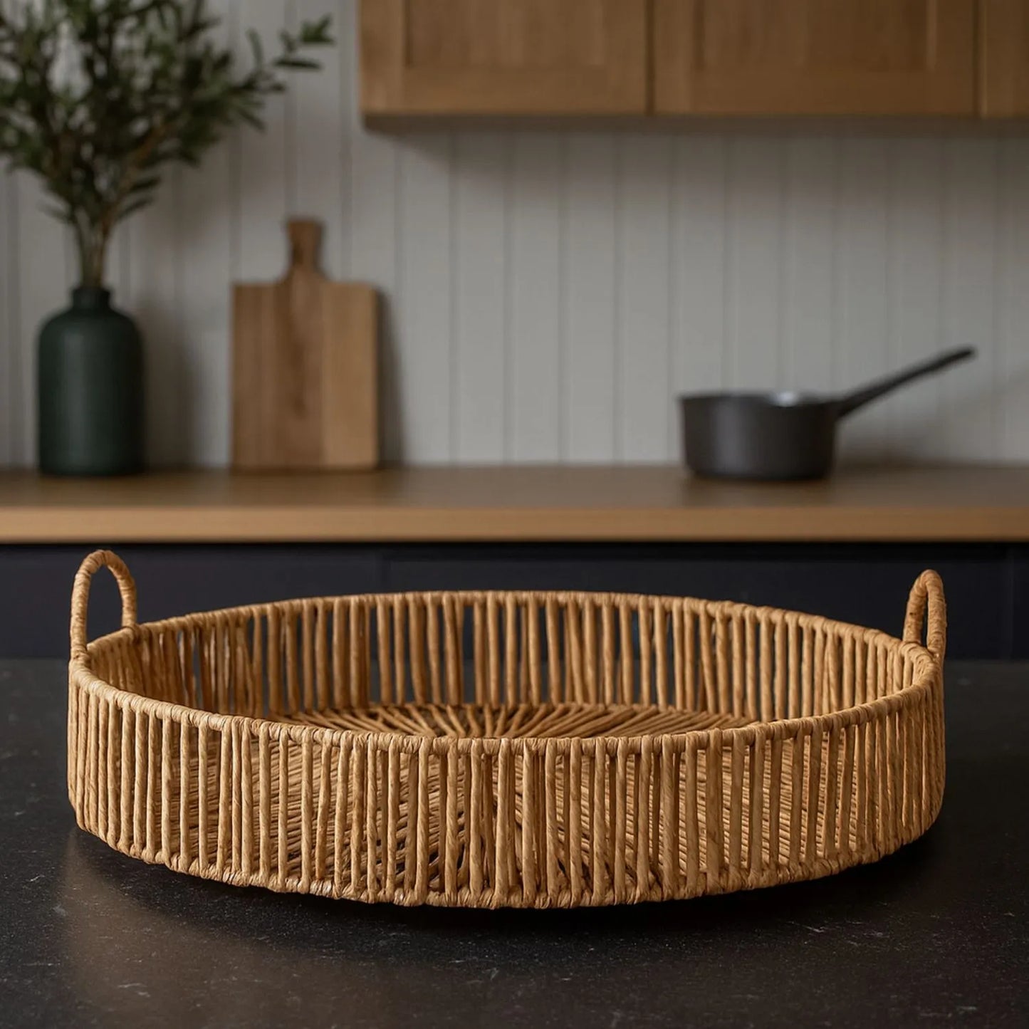 Large Round Wicker Serving Tray with Woven Design & Side Loop Handles – Rustic Natural Decorative Tray 50x50x16cm | Click Style