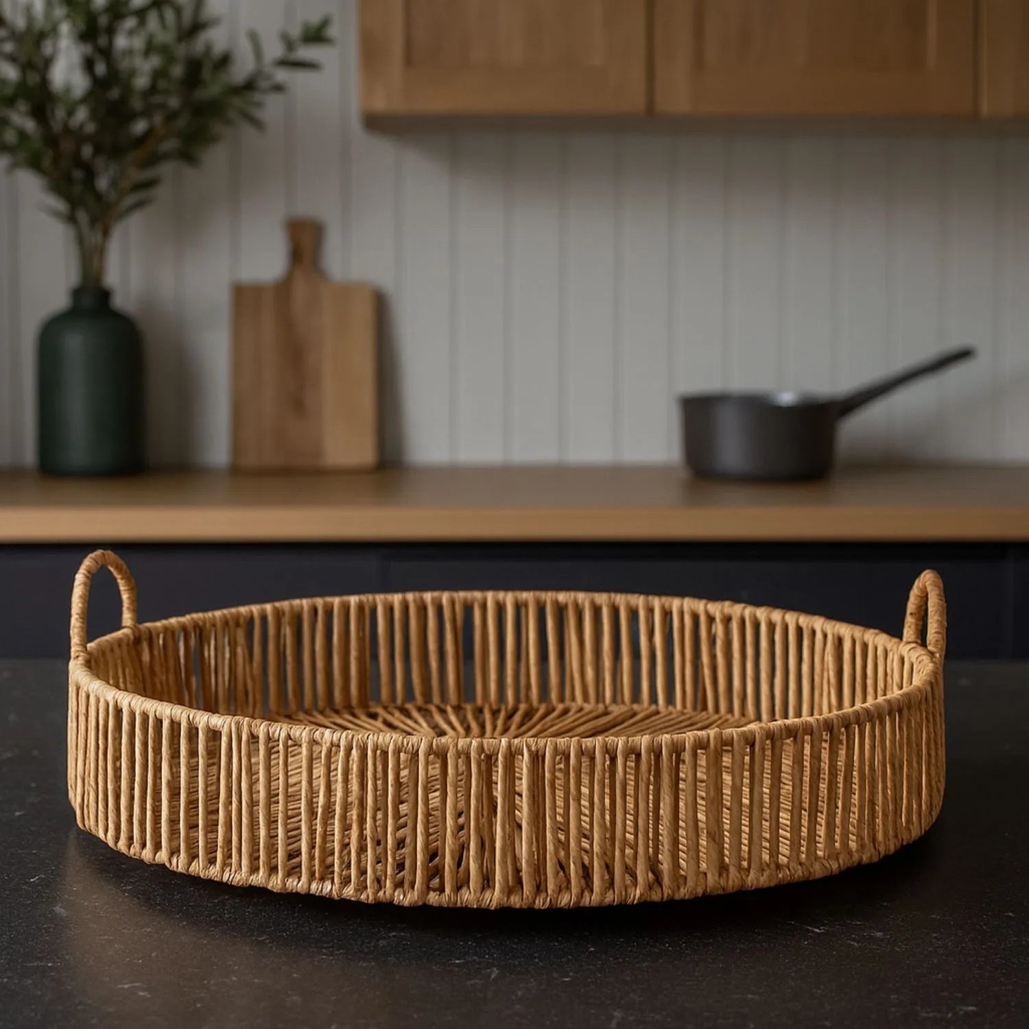 Large Round Wicker Serving Tray with Woven Design & Side Loop Handles – Rustic Natural Decorative Tray 50x50x16cm | Click Style