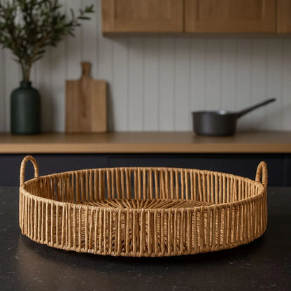 Large Round Wicker Serving Tray with Woven Design & Side Loop Handles – Rustic Natural Decorative Tray 50x50x16cm | Click Style