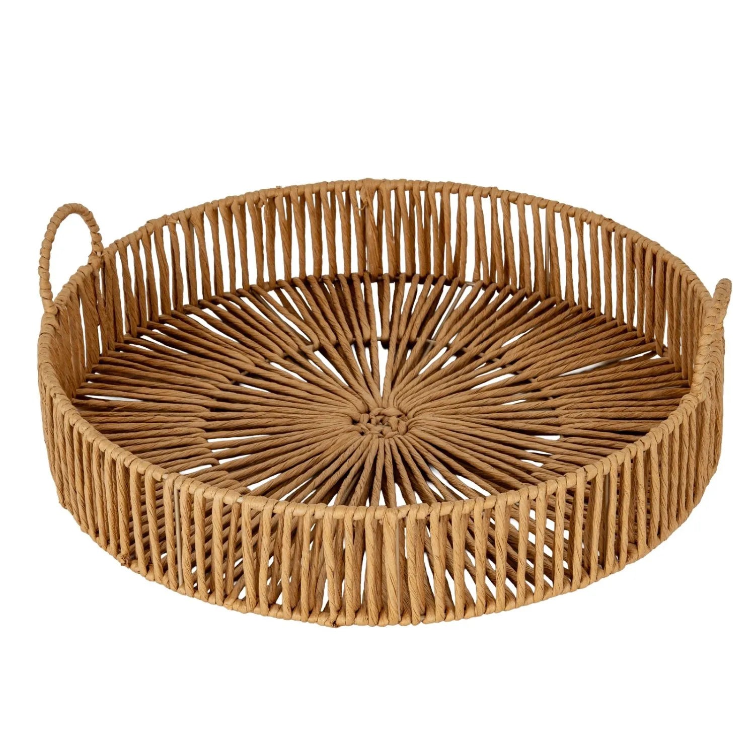 Large Round Wicker Serving Tray with Woven Design & Side Loop Handles – Rustic Natural Decorative Tray 50x50x16cm | Click Style