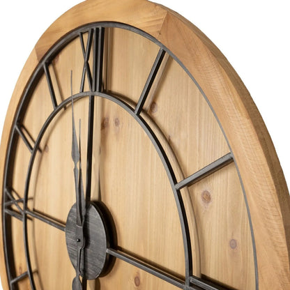 Large Round Wooden Wall Clock with Black Metal Roman Numerals & Hands 90x90x5cm - Click Style