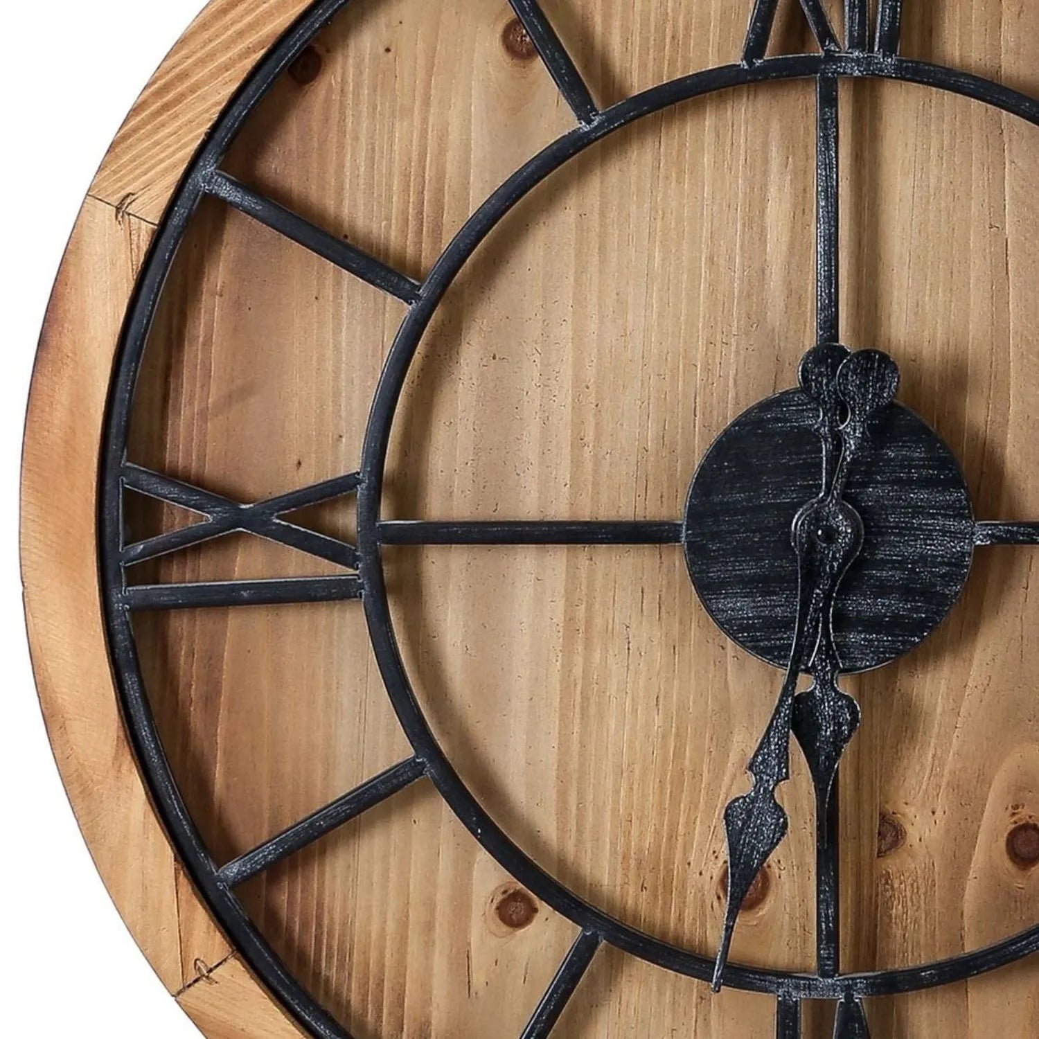 Large Round Wooden Wall Clock with Black Metal Roman Numerals & Hands 90x90x5cm - Click Style