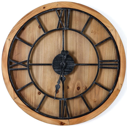 Large Round Wooden Wall Clock with Black Metal Roman Numerals & Hands 90x90x5cm - Click Style