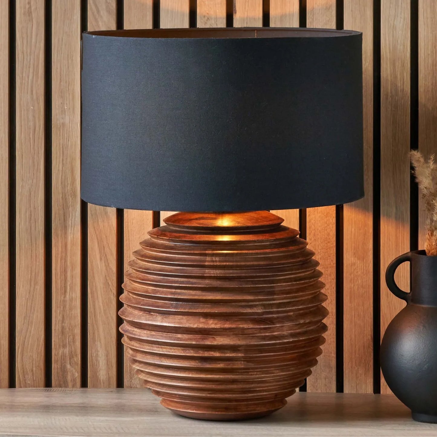 Large Rustic Brown-Washed Mango Wood Table Lamp Base with Hand-Turned Sculpted Tiers – Rounded Wooden Light Base 38x30x30cm - Click Style