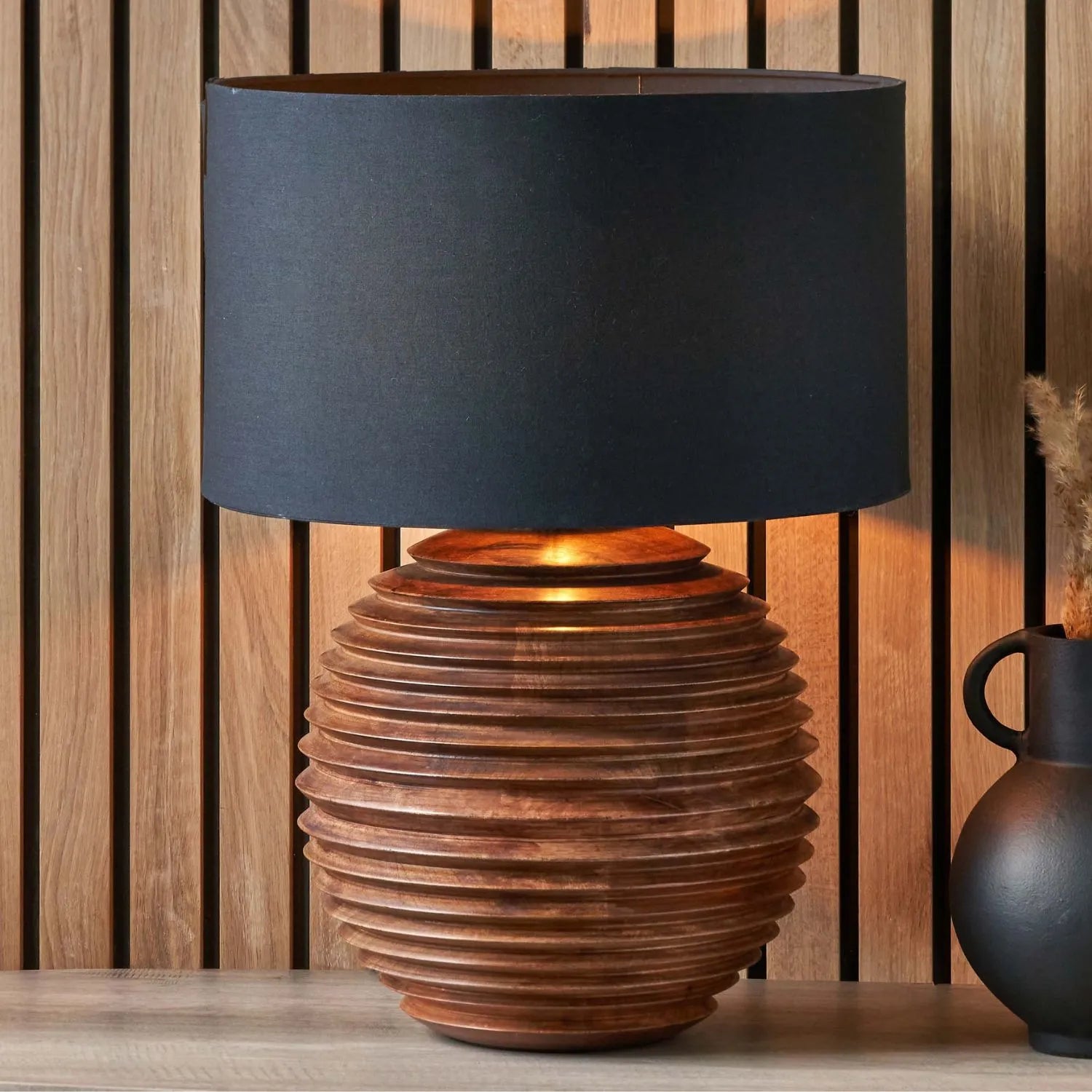 Large Rustic Brown-Washed Mango Wood Table Lamp Base with Hand-Turned Sculpted Tiers – Rounded Wooden Light Base 38x30x30cm - Click Style