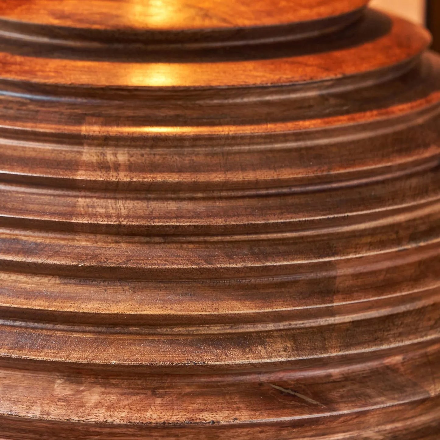 Large Rustic Brown-Washed Mango Wood Table Lamp Base with Hand-Turned Sculpted Tiers – Rounded Wooden Light Base 38x30x30cm - Click Style